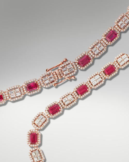 14k Rose Gold Baguette & Round Diamond Ruby Necklace at Lucid Diamond Co.