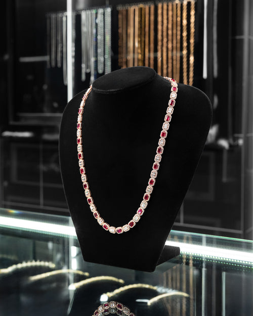 14k Rose Gold Baguette & Round Diamond Ruby Necklace at Lucid Diamond Co.