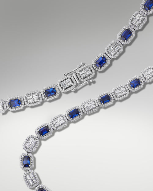 14k White Gold Baguette & Round Diamond Sapphire Necklace at Lucid Diamond Co.