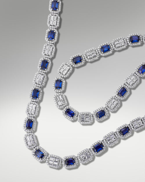 14k White Gold Baguette & Round Diamond Sapphire Necklace at Lucid Diamond Co.