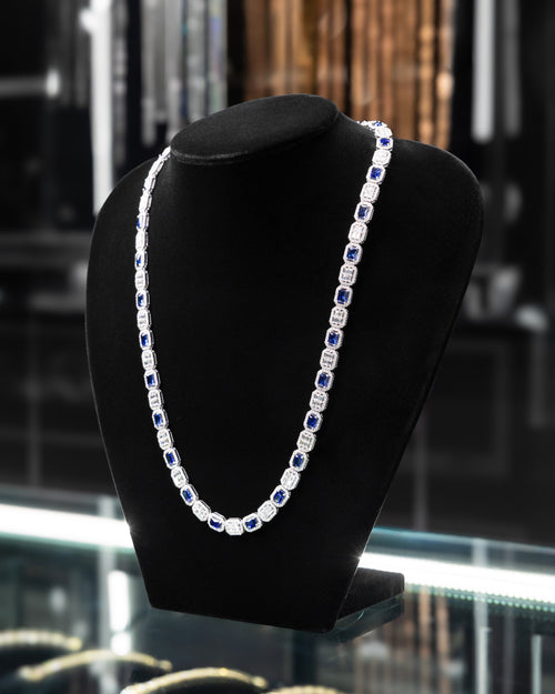 14k White Gold Baguette & Round Diamond Sapphire Necklace at Lucid Diamond Co.