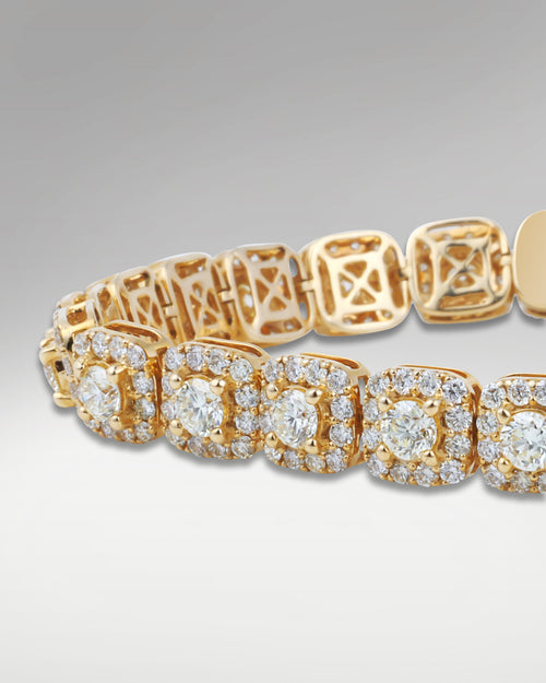 Yellow Gold Cushion-Shaped Halo Diamond Bracelet | Lucid Diamond Co Dallas, TX