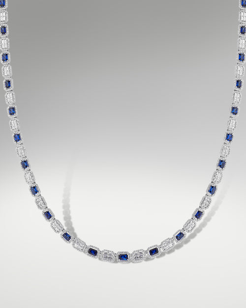 14k White Gold Baguette & Round Diamond Sapphire Necklace at Lucid Diamond Co.