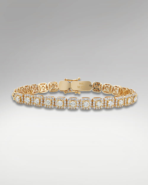 Yellow Gold Cushion-Shaped Halo Diamond Bracelet | Lucid Diamond Co Dallas, TX