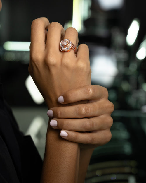 18k Rose Gold Diamond Ring Featuring Marquise, Baguette & Round Diamonds at Lucid Diamond Co.
