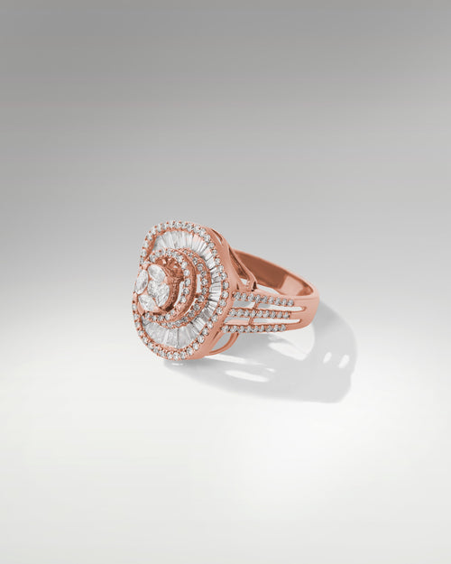 18k Rose Gold Diamond Ring Featuring Marquise, Baguette & Round Diamonds at Lucid Diamond Co.