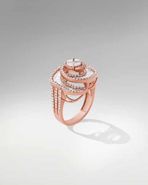18k Rose Gold Diamond Ring Featuring Marquise, Baguette & Round Diamonds at Lucid Diamond Co.