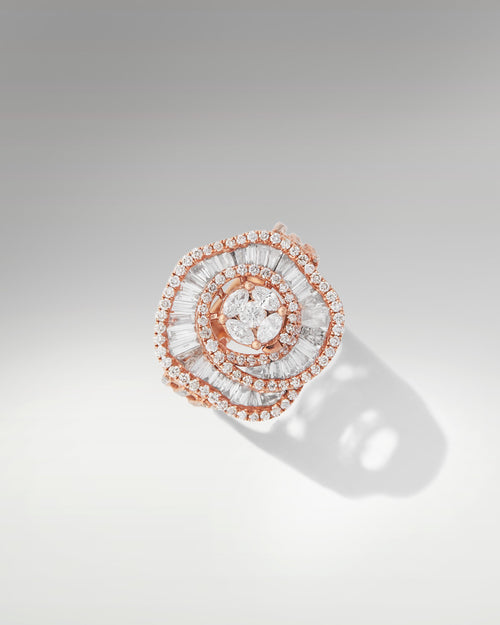 18k Rose Gold Diamond Ring Featuring Marquise, Baguette & Round Diamonds at Lucid Diamond Co.