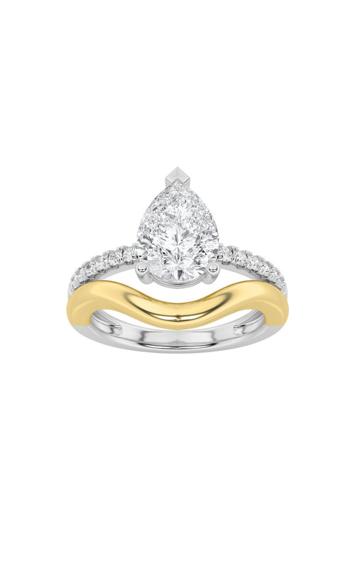 2CTW Pear Shaped Lab Grown Diamond (F/VS) Two Tone Wave Inspired Engagement Ring in 14K Gold