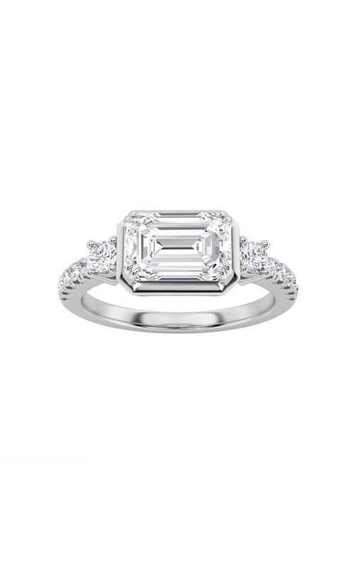 2CTW Emerald Shaped Lab Grown Diamond (F/VS) East West Accented Three Stone Ring in 14K Gold